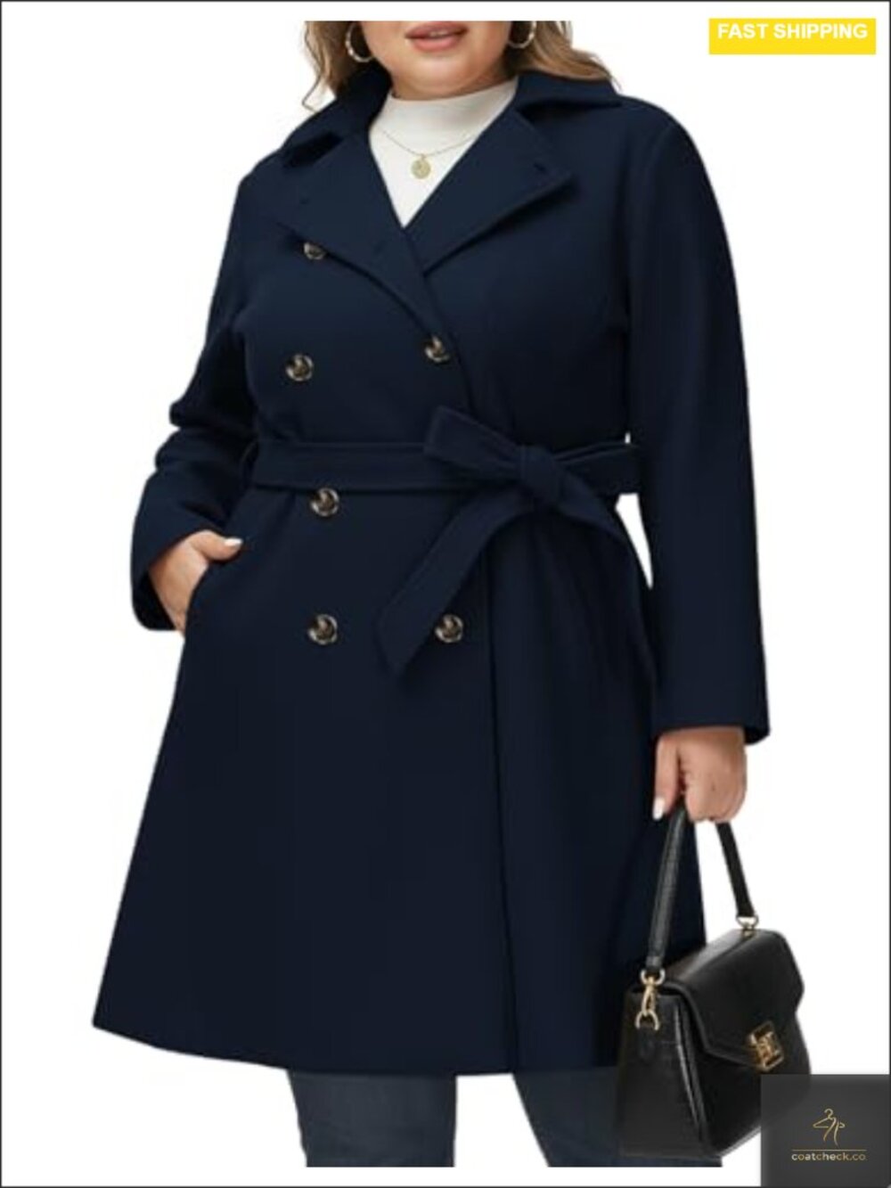 Plus Size Double Breasted Wool Blend Peacoat with Belt - Winter Coat